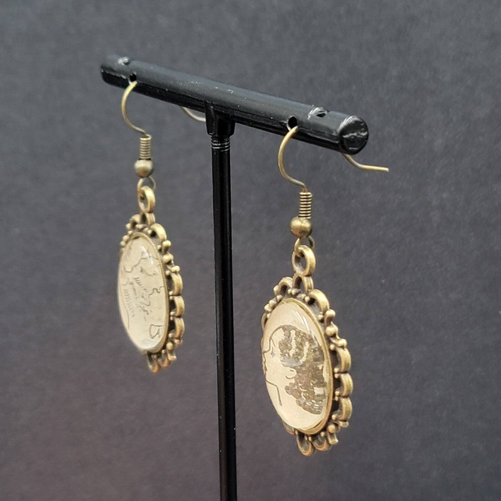 Pierced Earrings Bronze tone Glass Cabochon Updo Ladies Antique Drawings 1.25"
