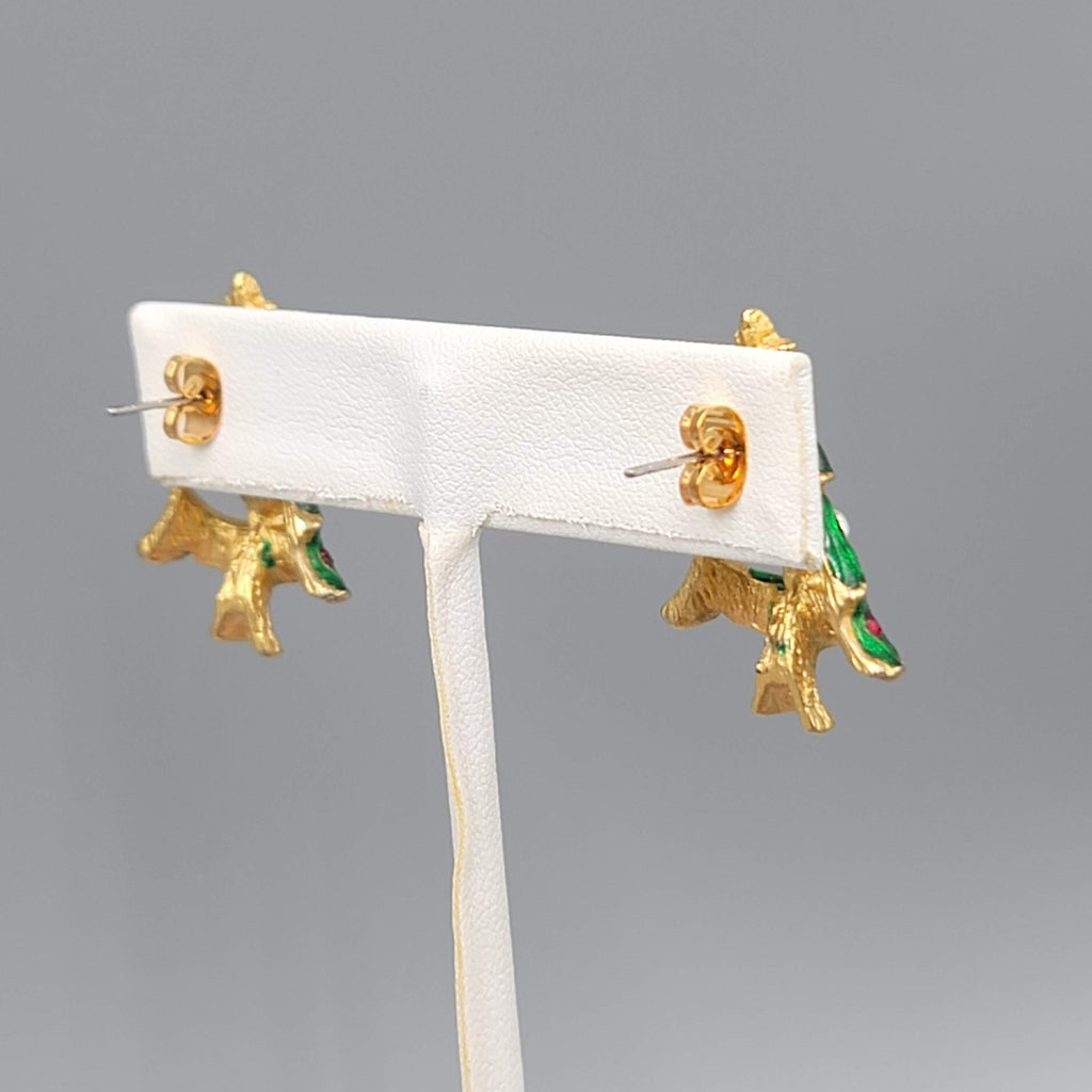 Christmas Tree Pierced Earrings Gold tone Enamel Rhinestone 1 1/8"