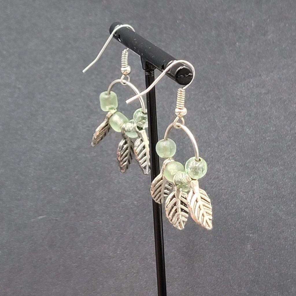 Pierced Earrings Silver tone Green Glass Bead Leaves Dangle  1.25"