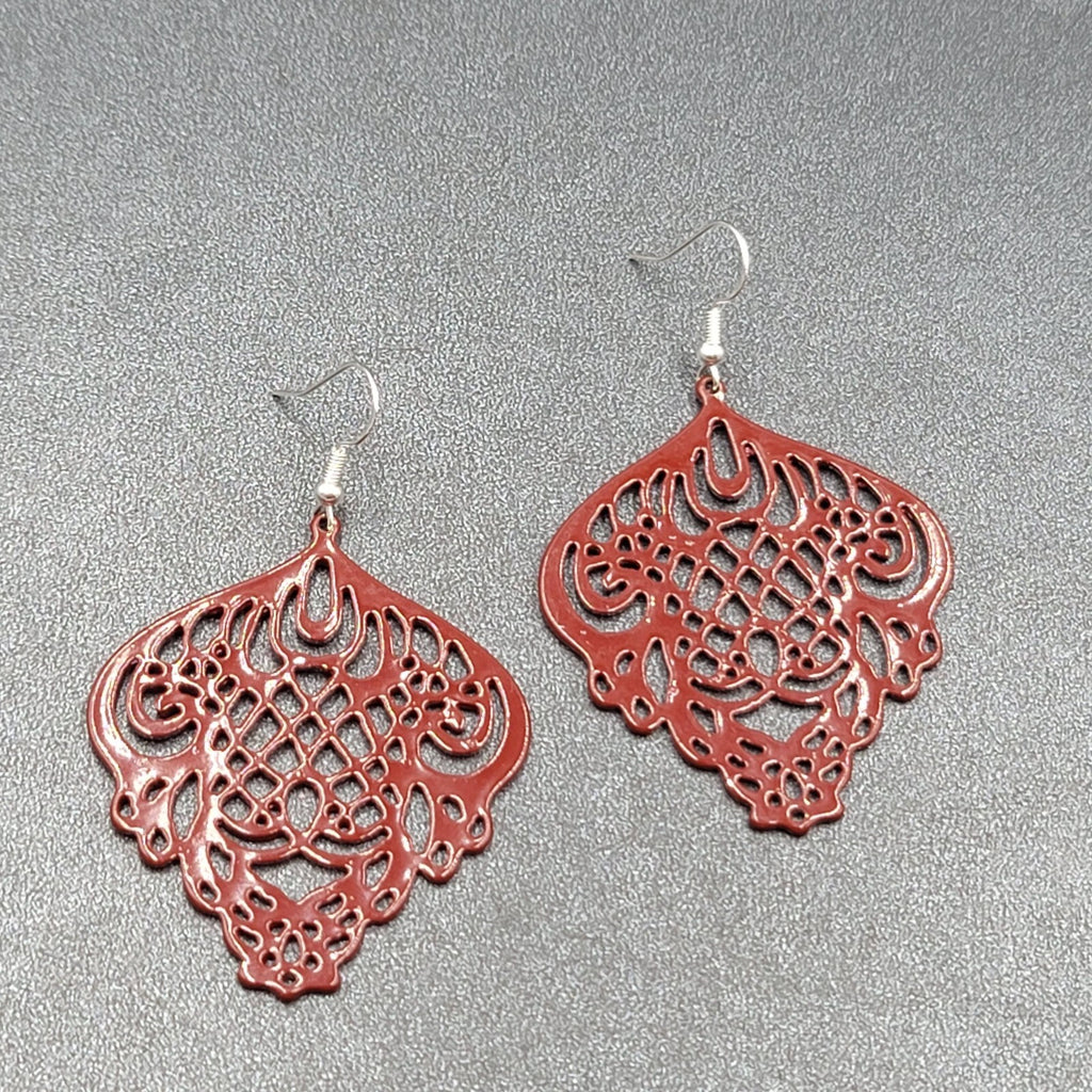 Pierced Earrings Burgandy Red Enamel over Metal Open work 2"