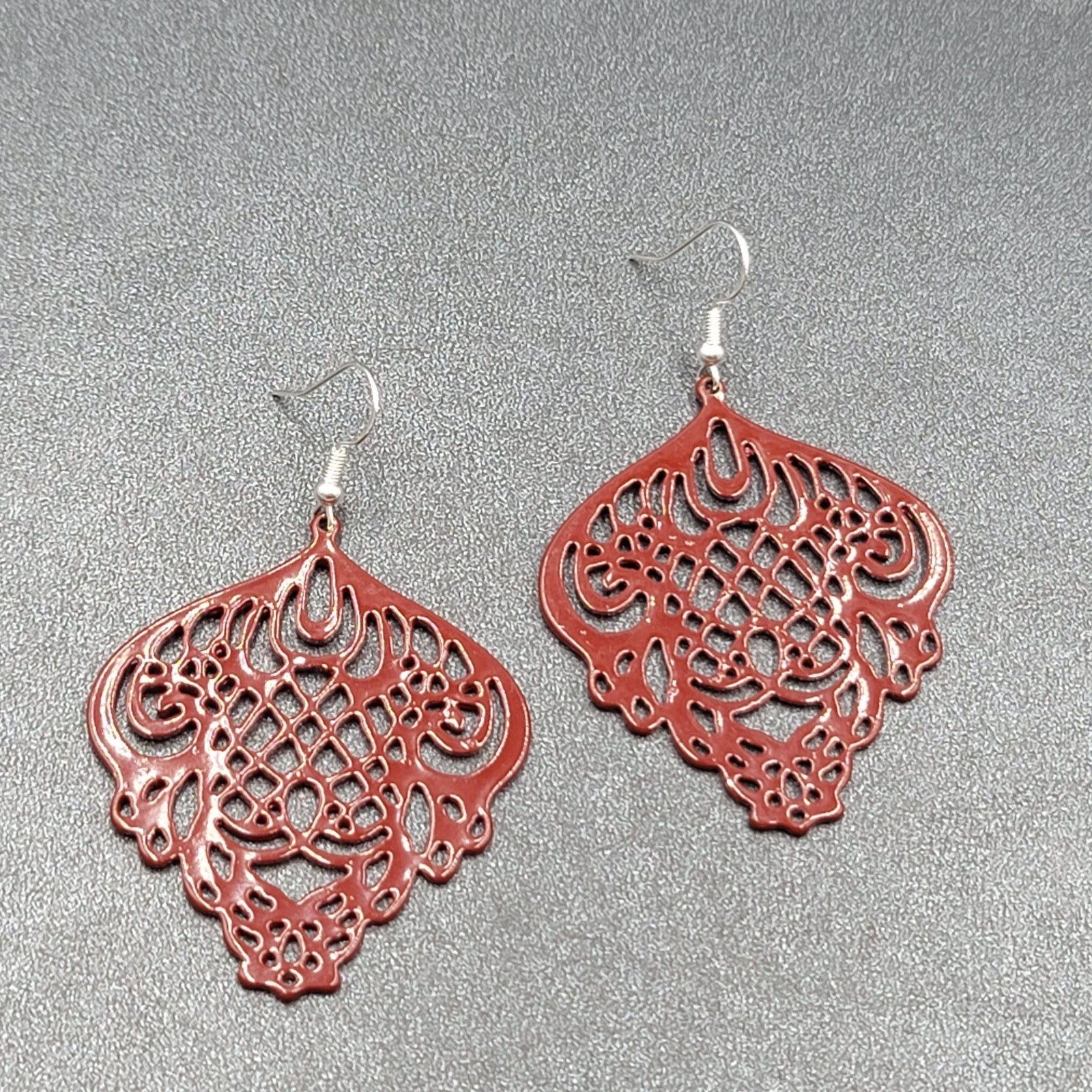 Pierced Earrings Burgandy Red Enamel over Metal Open work 2"