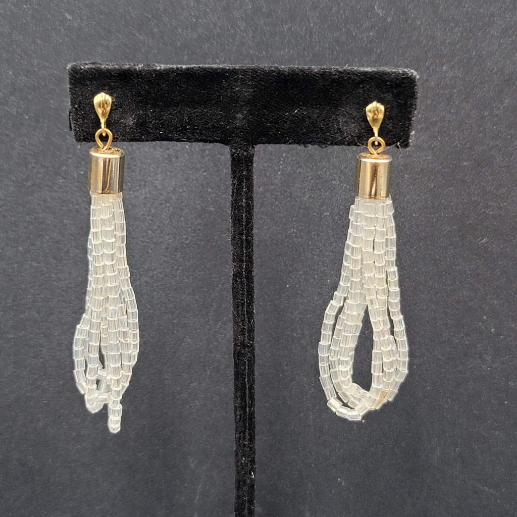 Pierced Earrings Gold tone AB White Clear Beads Dangle Loops 2.5"