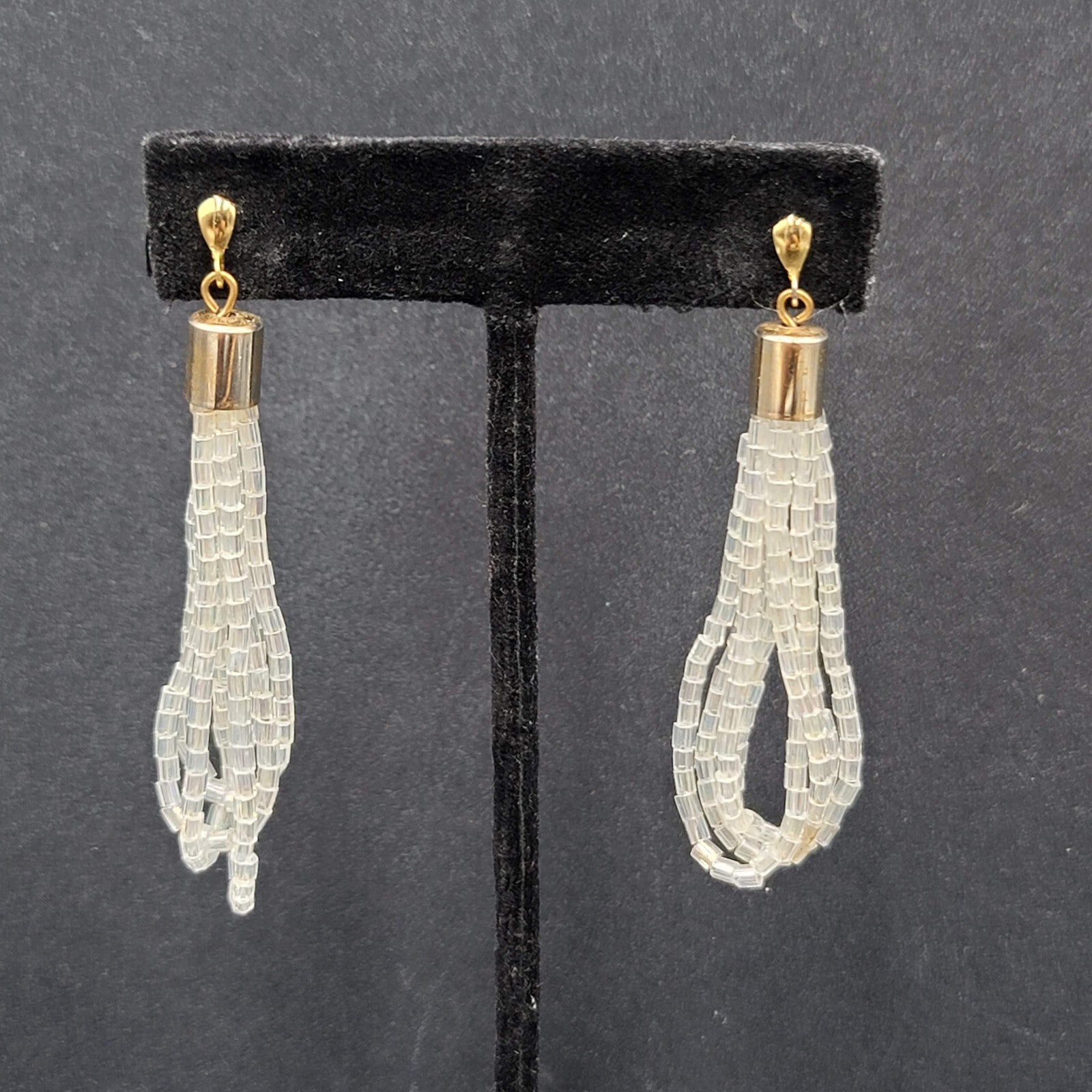 Pierced Earrings Gold tone AB White Clear Beads Dangle Loops 2.5"