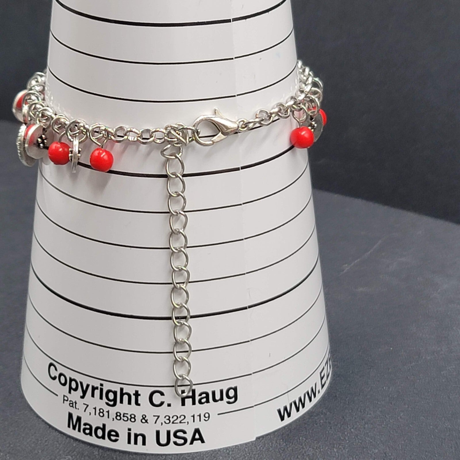 Red Bead Bracelet Silver tone Rhinestone Dangle Adj. 7"-9.5"