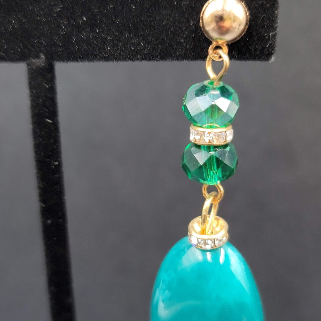 Vintage Pierced Earrings Green Acrylic Bead Dangle Rhinestones 2.5"