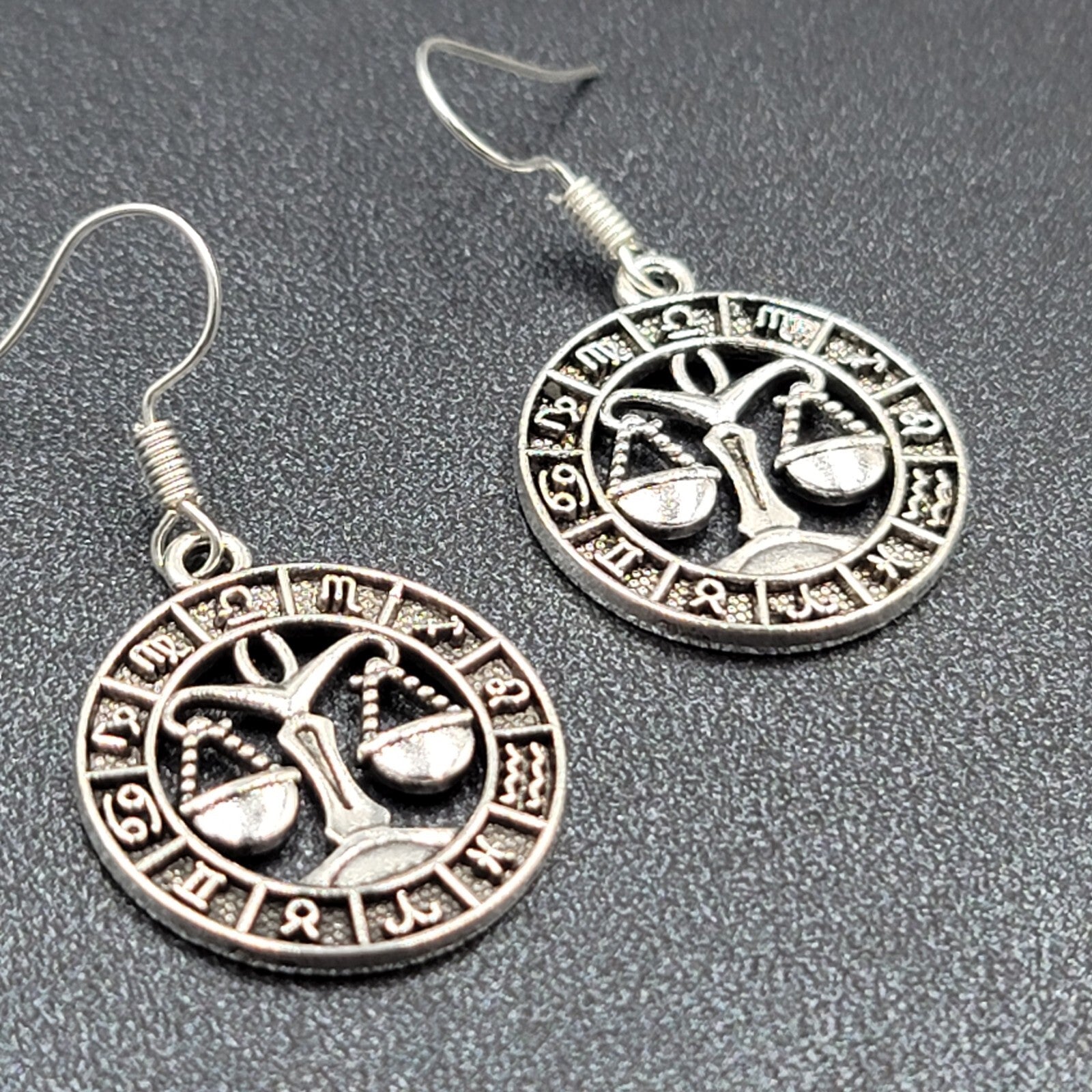 Zodiac Pierced Earrings Silver tone Dangle 7/8"