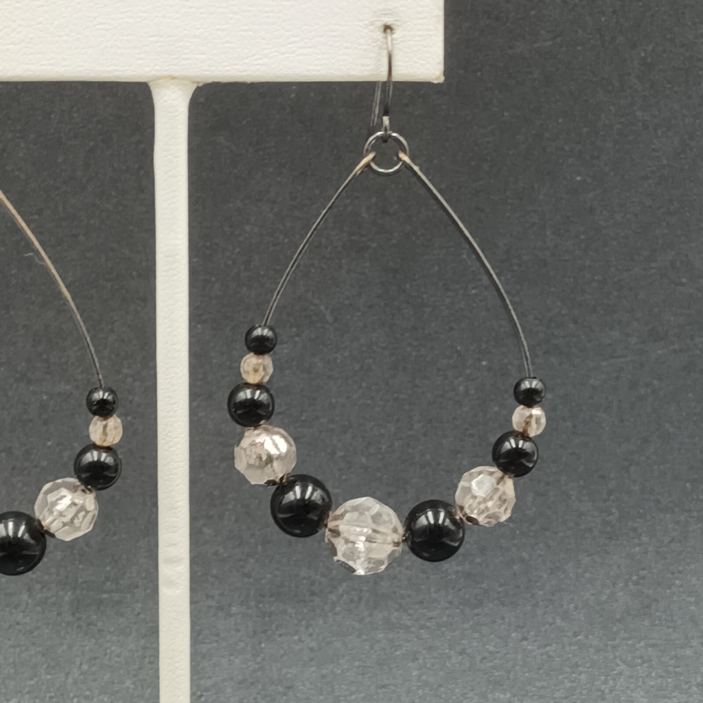 Pierced Earrings Gun Metal Gray Teardrop Wire Loop Acrylic Beaded Dangle 2"