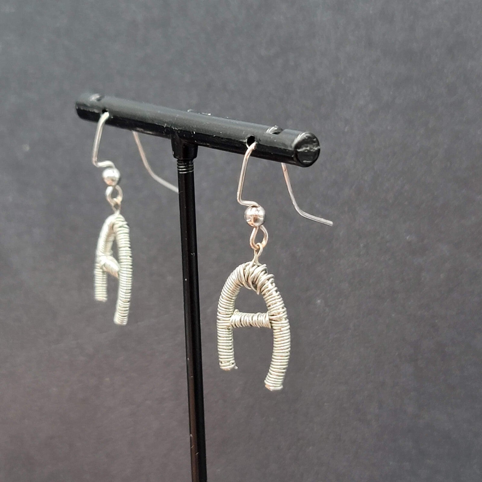 Pierced Earrings Silver tone Wire Wrapped Initial A Dangle 3/4"