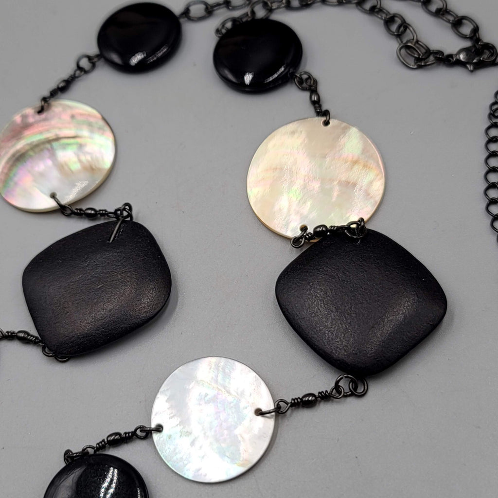 Cookie Lee Black Wood Shell Station Necklace Statement Long 30"+