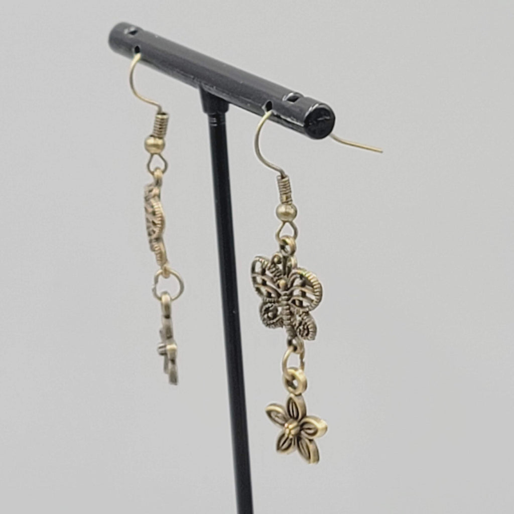 New Filigree Butterfly Flower Pierced Earrings Bronze tone Dangle 1.25"