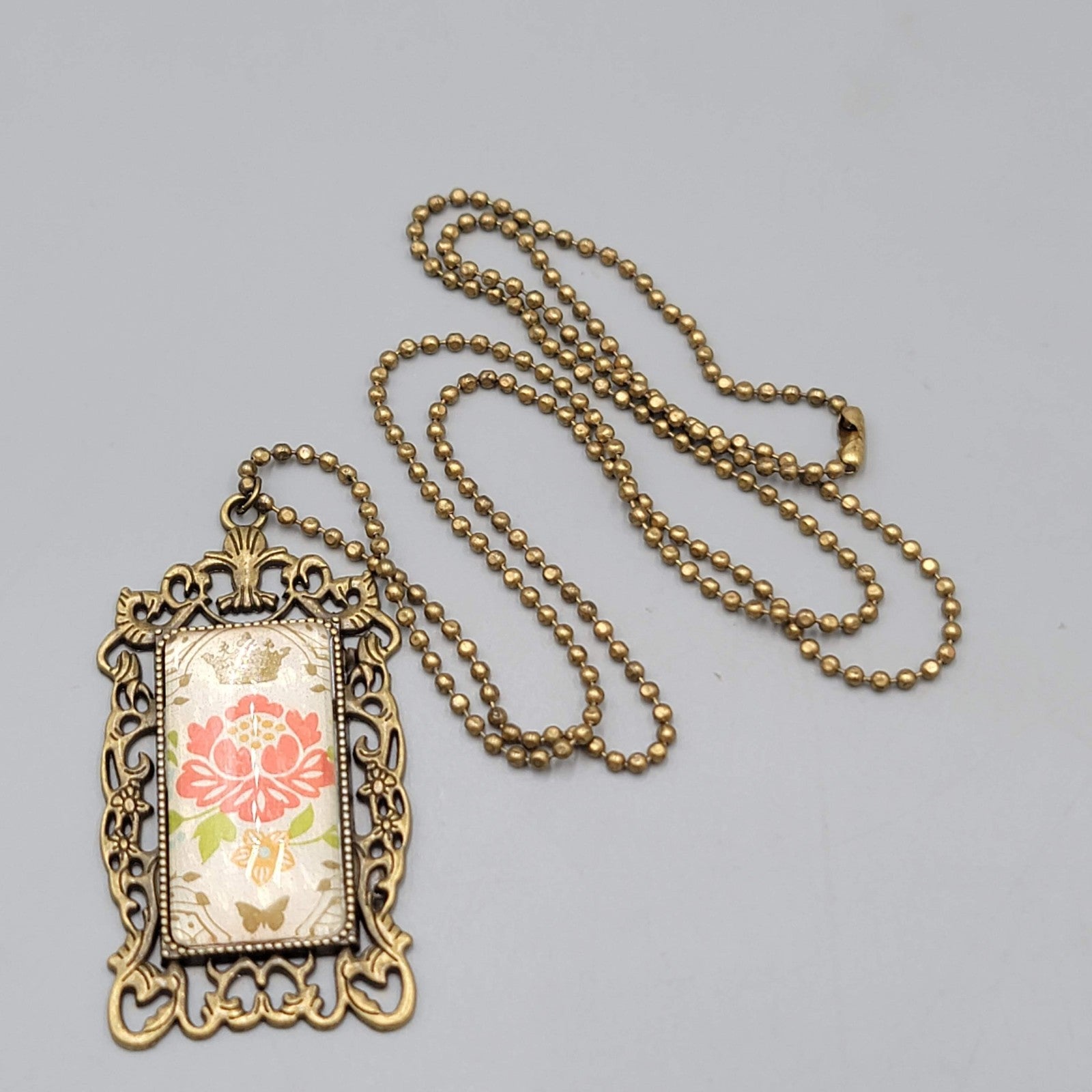 Vintage Floral Glass Framed Pendant Necklace 30" Ball Chain Bronze tone