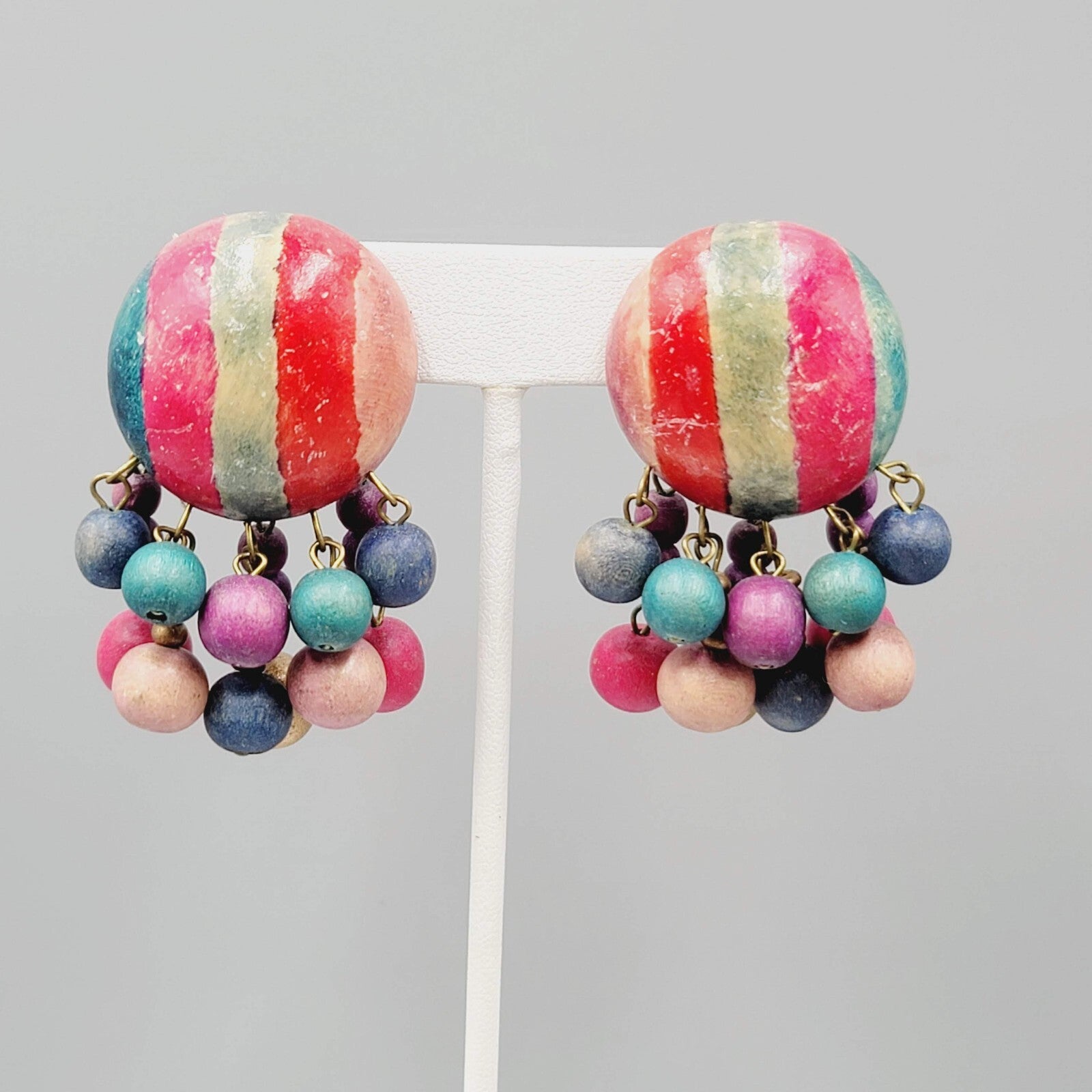 Vintage Painted Wood Statement Pierced Earrings Multicolor Beads 2"