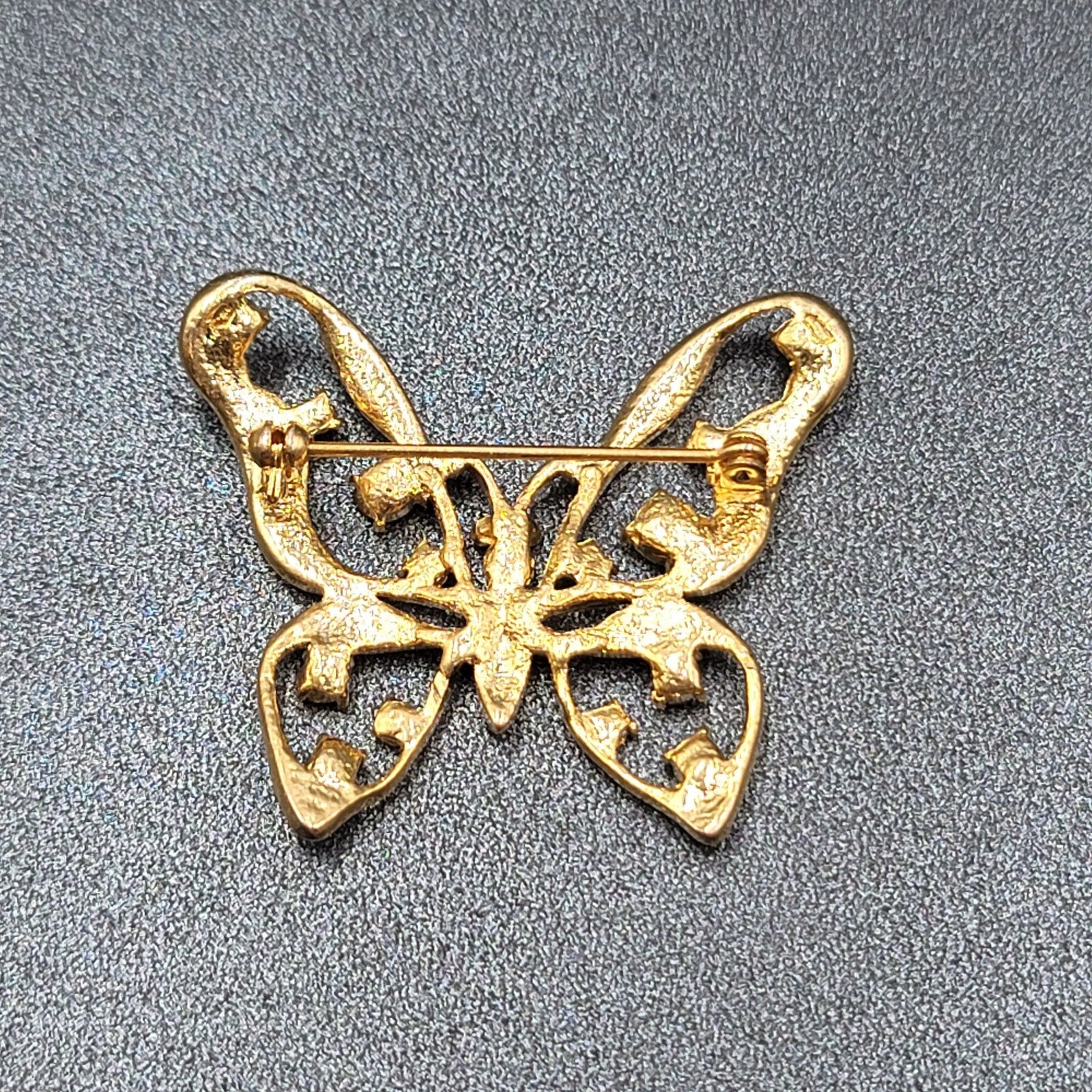 Vintage Butterfly Brooch Gold Plated Black Rhinestone 1.5"