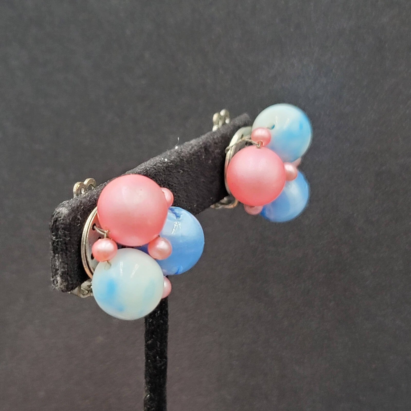 Vintage Clip on Earrings Pink Blue Cluster Beaded Japan 7/8"