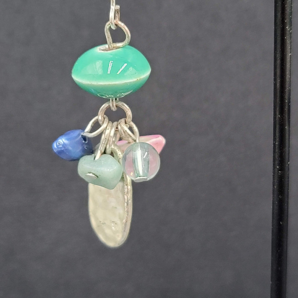 Pierced Earrings Silver tone Dangle Mixed Multicolor Cluster Beads 1.5"
