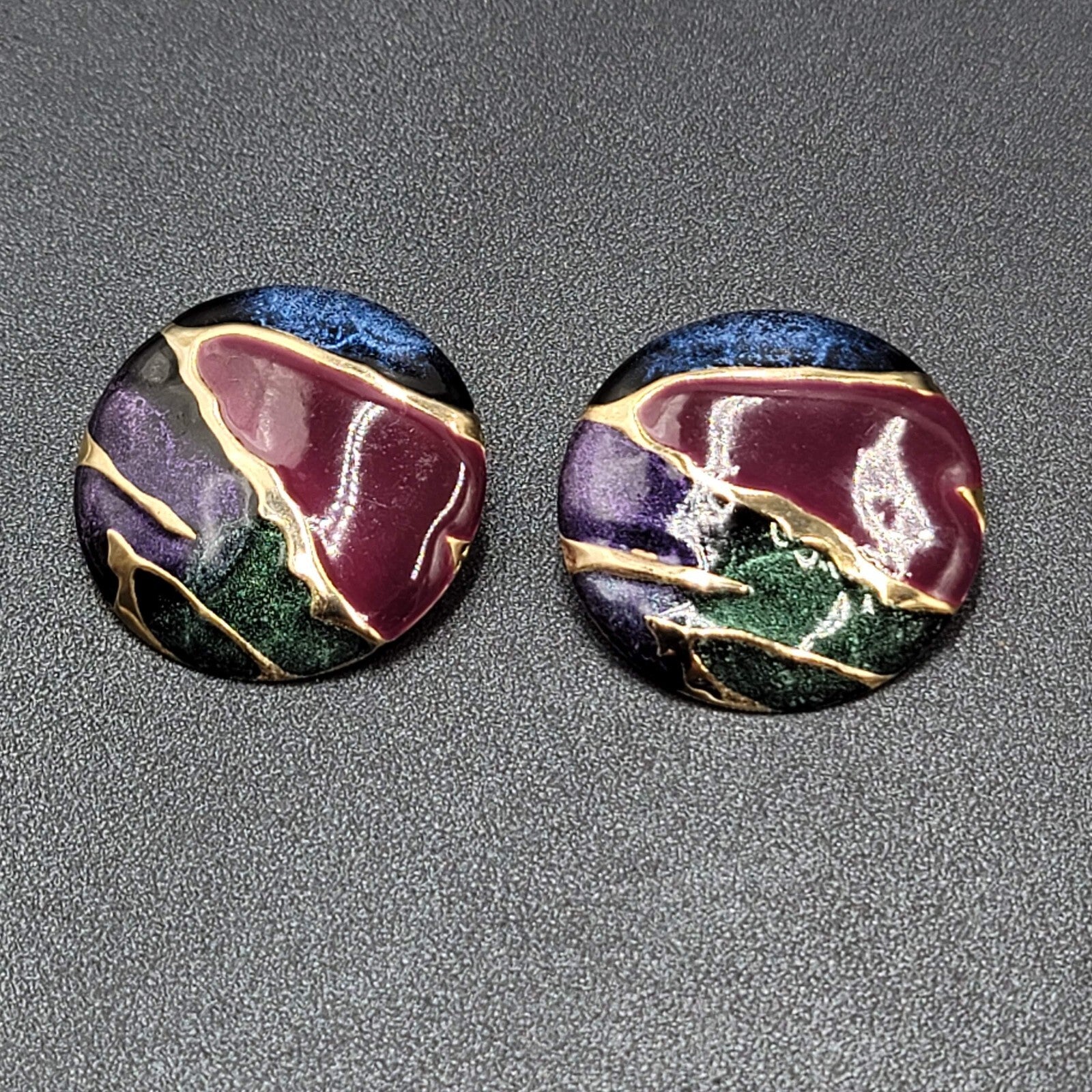 Vintage Pierced Earrings Blue Purple Enamel Round Statement 1.5"