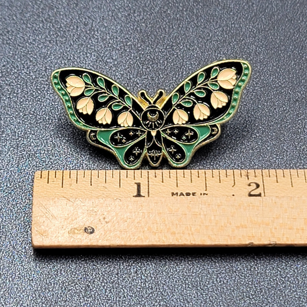 Moth Tulip Flowers Enamel Lapel Hat Pin Green Black 1.75"