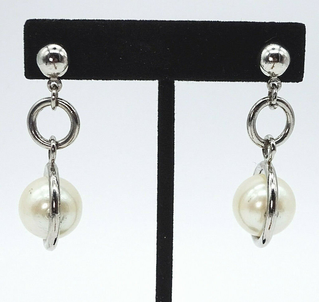 Silvertone Dangle Faux Pearl Pierced Earrings Estate Costume Jewelry 2" 