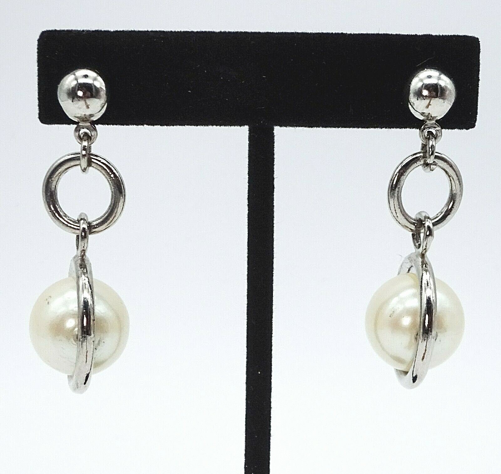 Silvertone Dangle Faux Pearl Pierced Earrings Estate Costume Jewelry 2" 