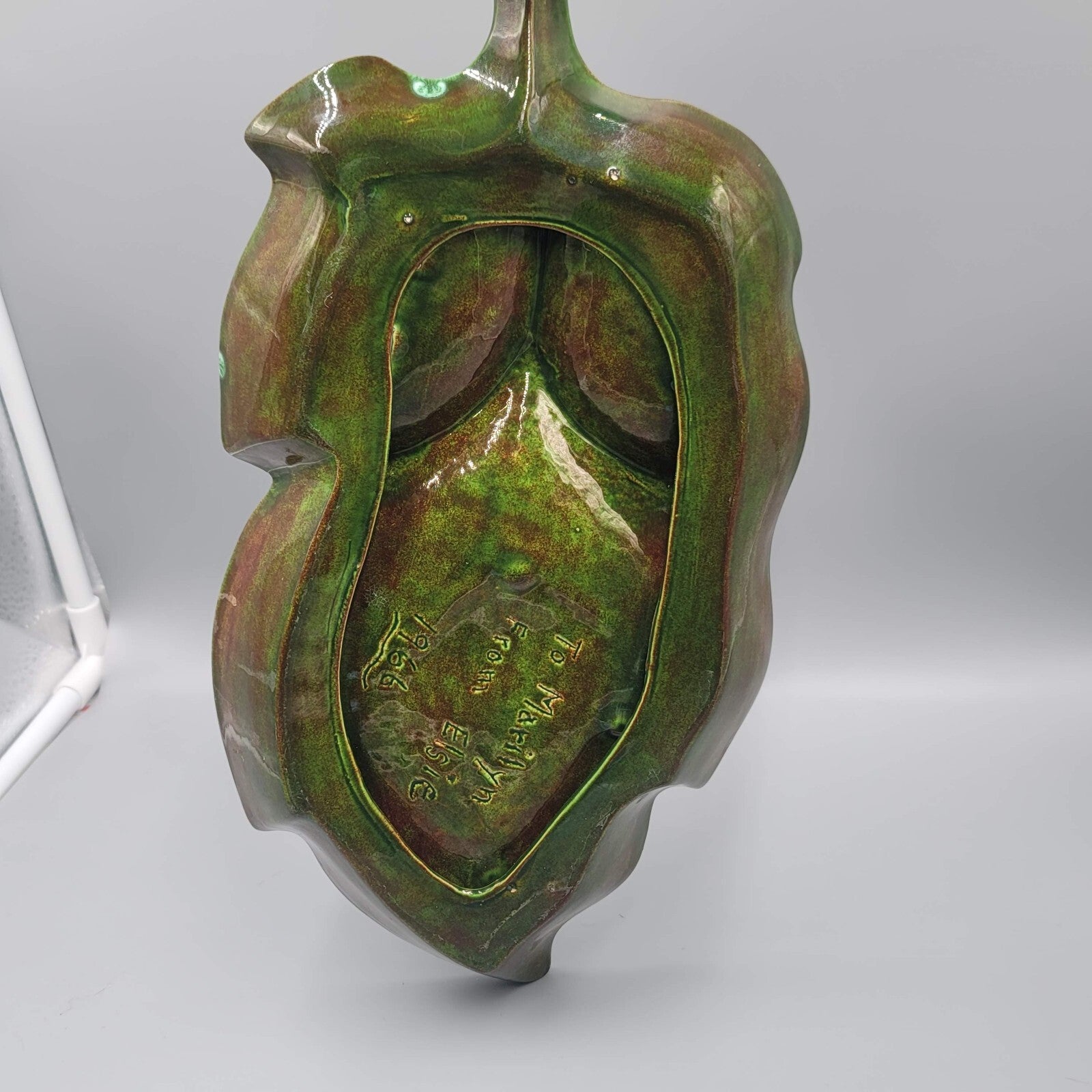 Vintage Ceramic Green Leaf Dish Drip Glaze Signed 1966 Size 13" x 6.5"