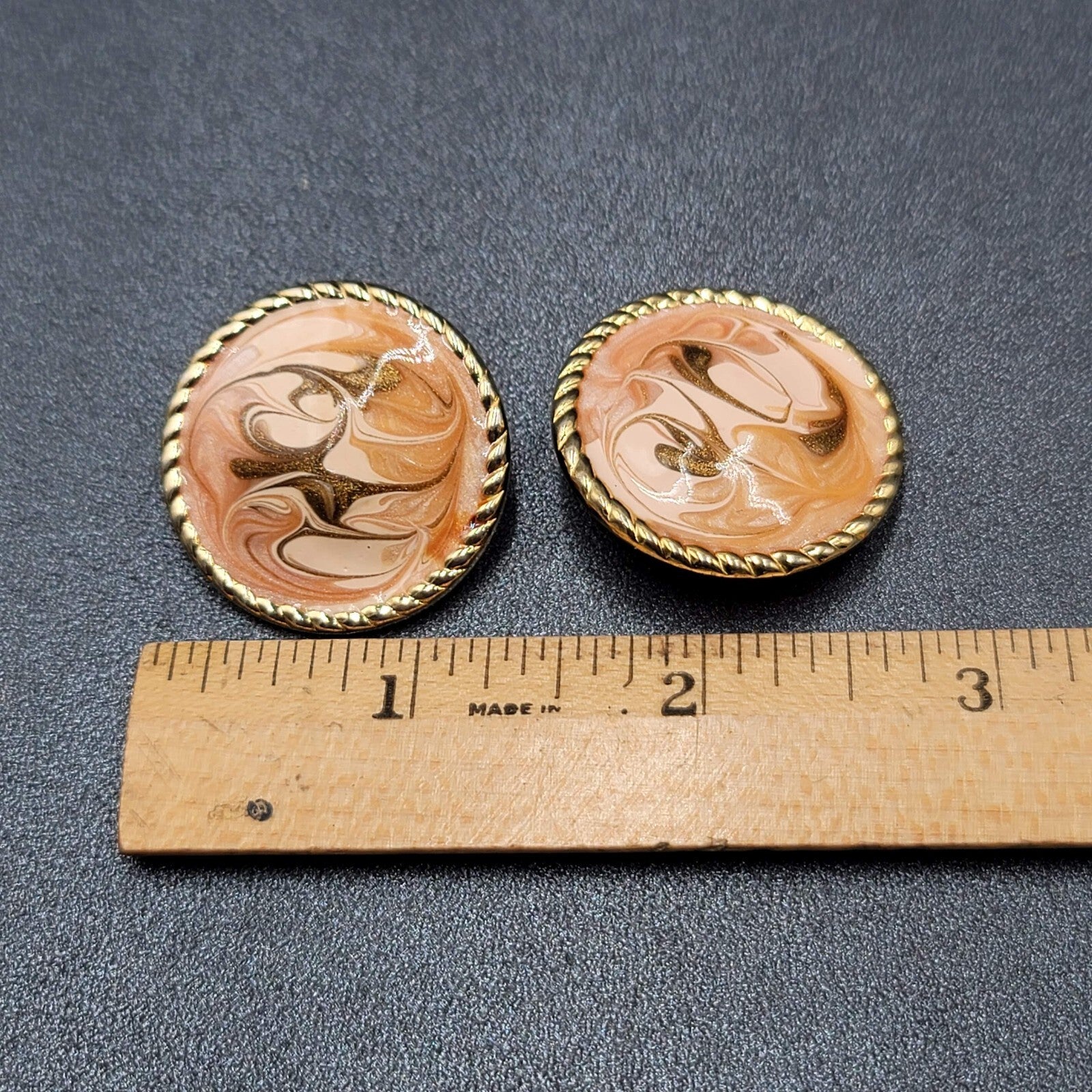 Vintage Clip on Earrings Gold tone Pink Enamel Swirl Round 1.5"