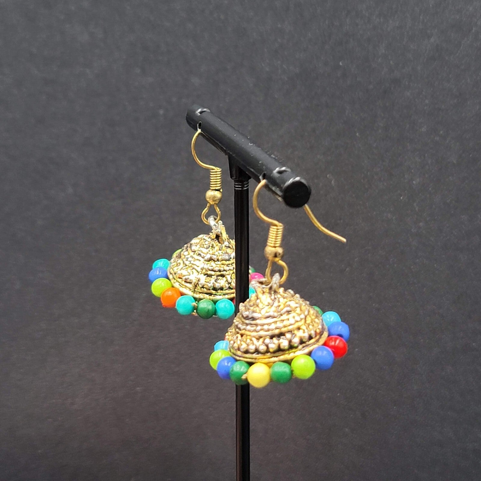 Vintage Pierced Earrings Bohemian Gold tone Multicolor Bead Dangle 3/4"