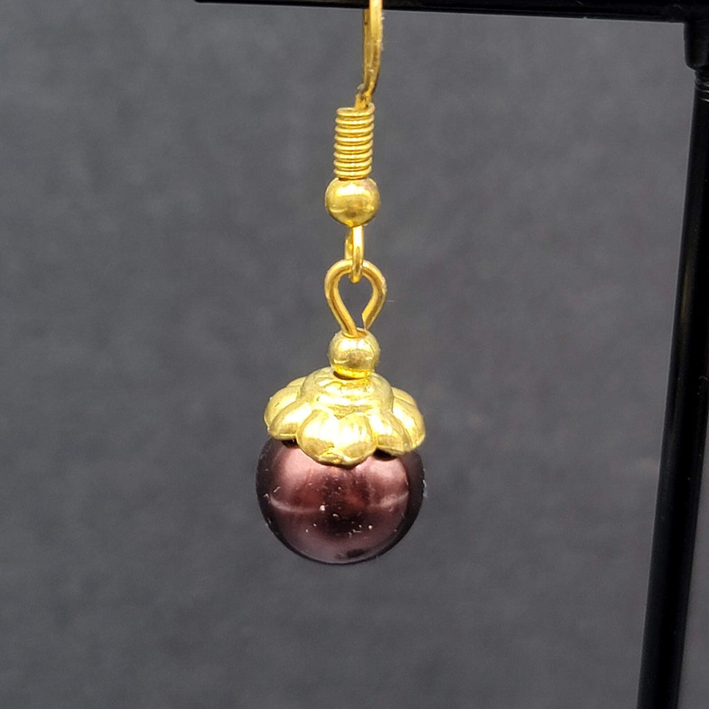 Pierced Earrings Gold tone Bronze Bead Capped Bead Dangle 3/4"