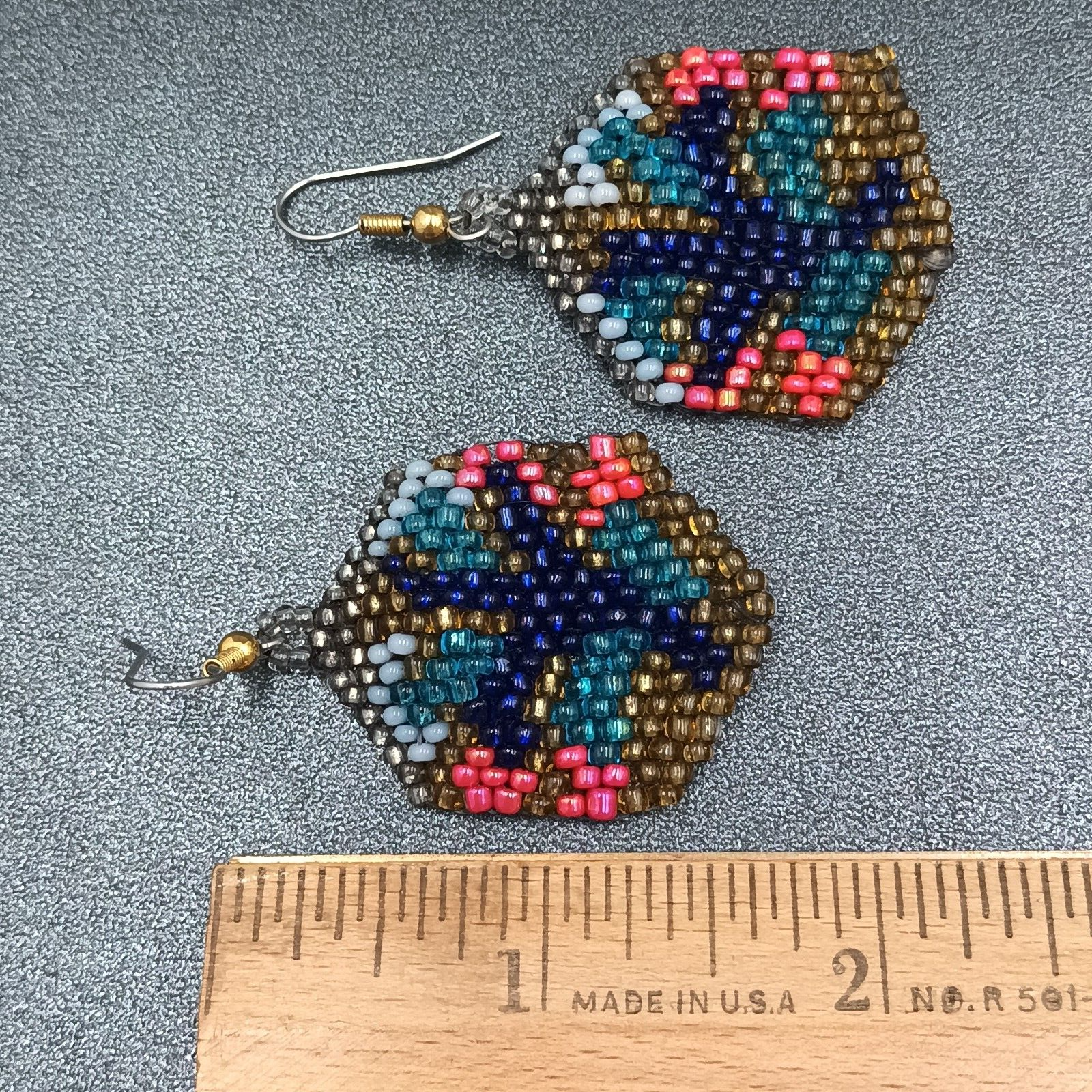 Pierced Earrings Multicolor Seed Bead Art Silver tone Hook Dangle 1 1/2"