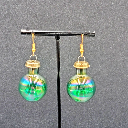 Christmas Pierced Earrings Green Glass Ornament Dangle 1.25"