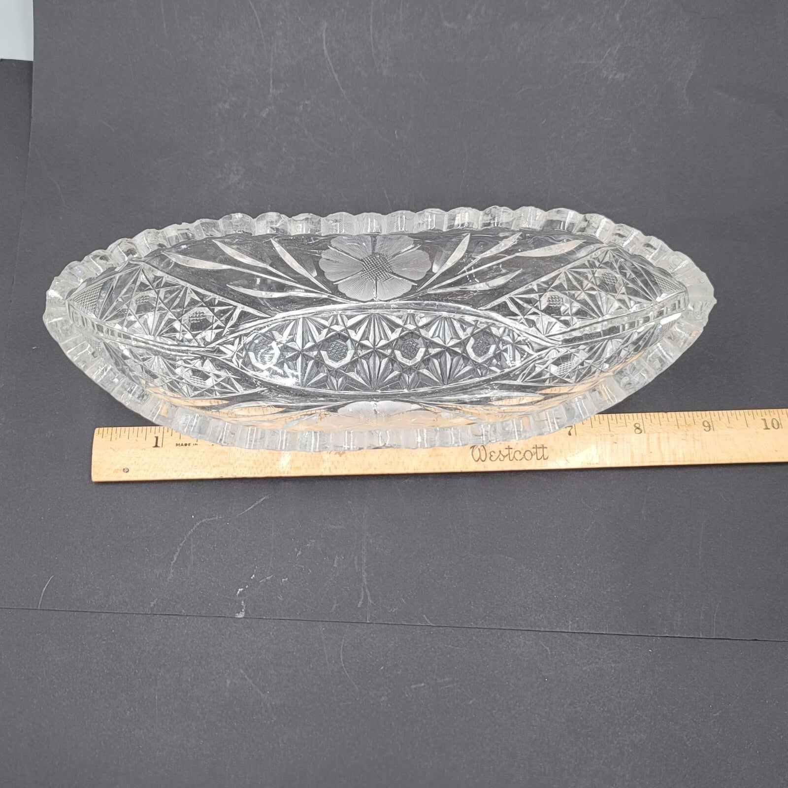 Brilliant Cut Glass Celery Dish Floral Saw Tooth Rim Flower Daisy 8 in