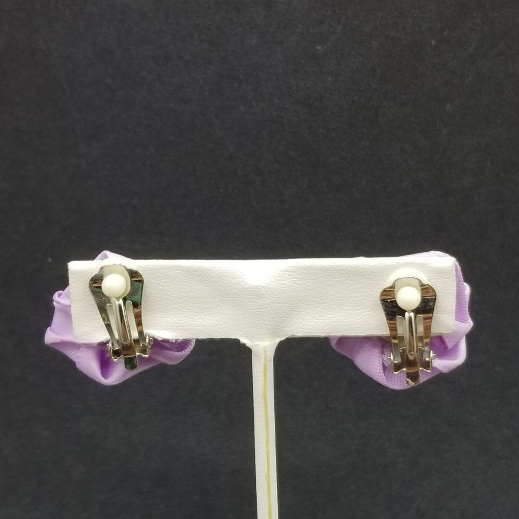 Vintage Clip on Earrings Purple Fabric Flower Bow Statement Stud 1"