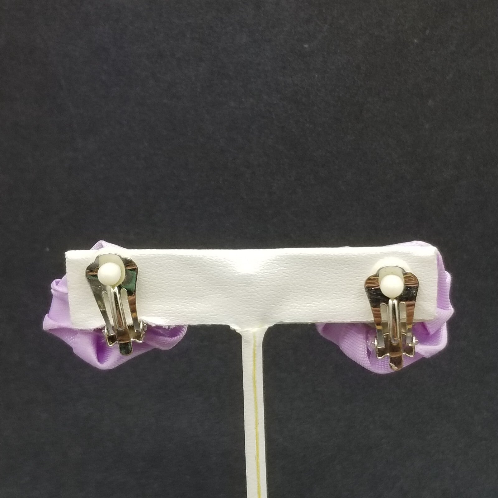 Vintage Clip on Earrings Purple Fabric Flower Bow Statement Stud 1"