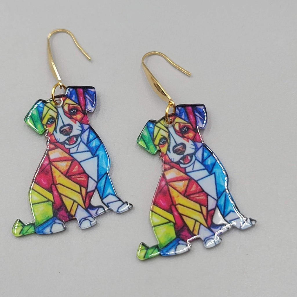Mosiac Dog Pierced Earrings Multicolor Acrylic Dangle Gold tone Hook 1.5"