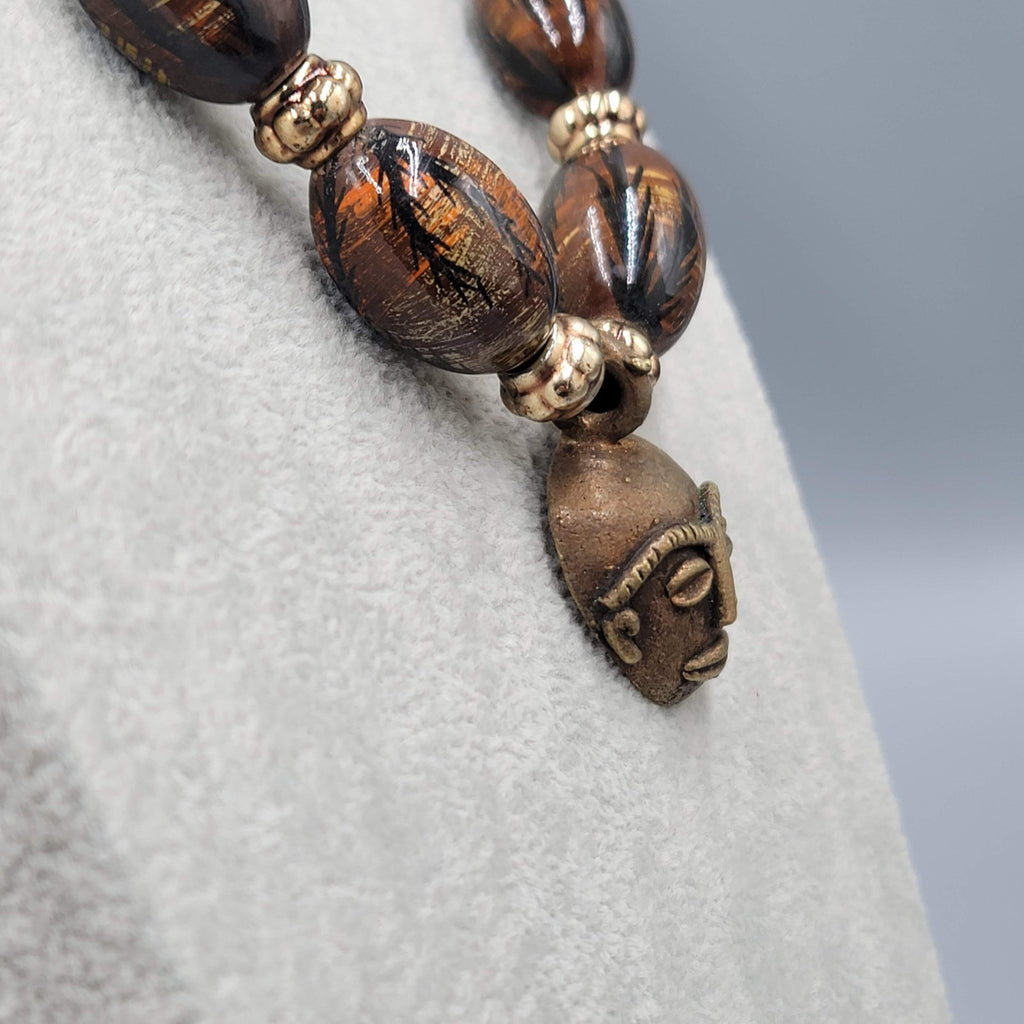 Vintage African Necklace Brass Face Mask Pendant Hand Painted Beads 22 in