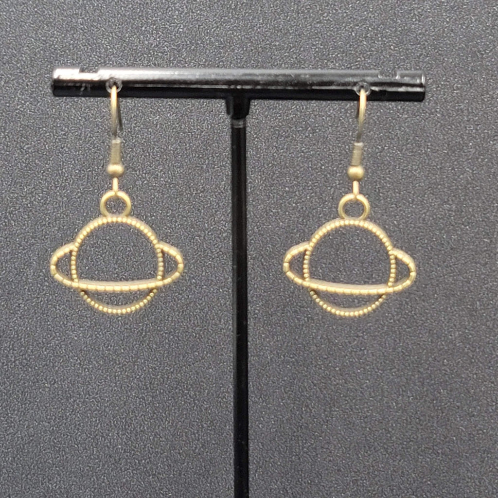New Saturn Planet Pierced Earrings Bronze tone Dangle 3/4"