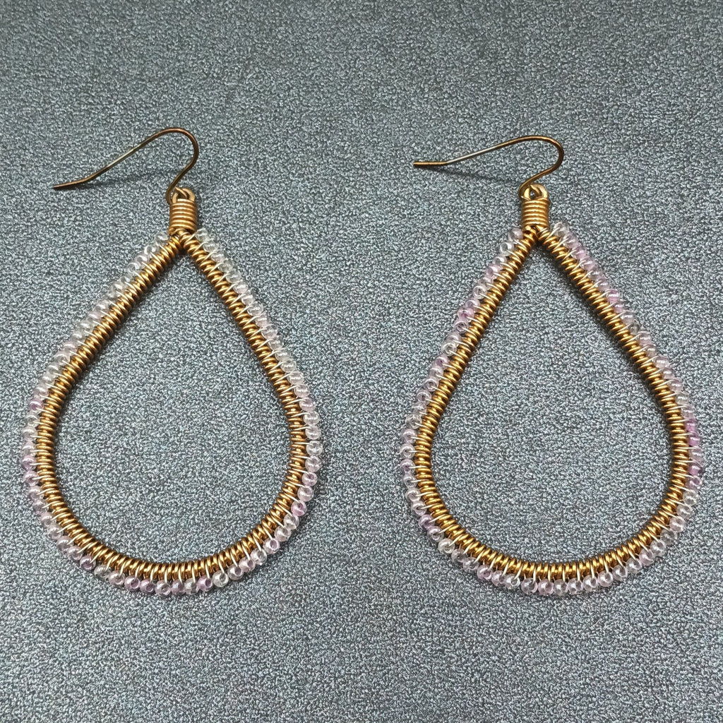 Pierced Earrings Gold tone Wire Wrapped Lavender Bead Teardrop Dangle 2 1/8"