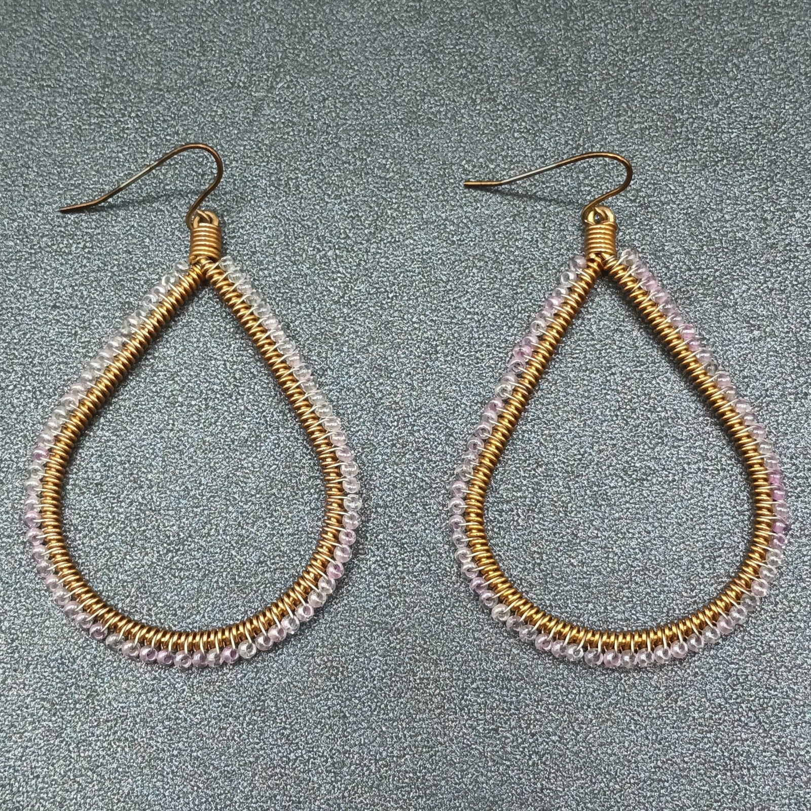 Pierced Earrings Gold tone Wire Wrapped Lavender Bead Teardrop Dangle 2 1/8"