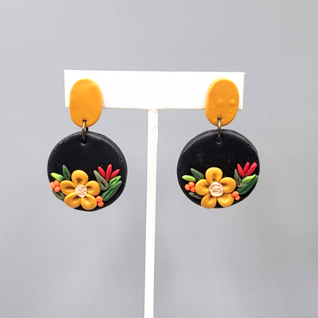 Polymer Clay Flower Pierced Earrings Tan Black Dangle Fall 1.75"