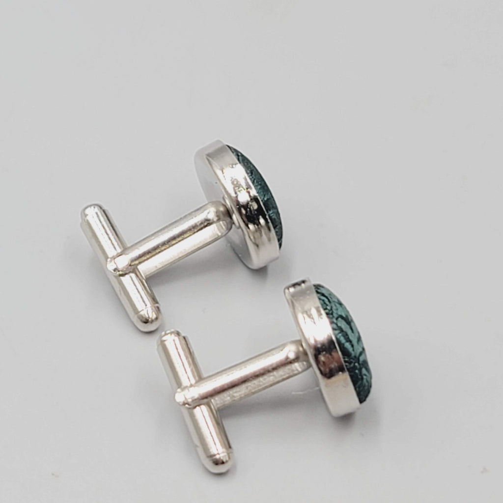 Mens Cufflinks Silver tone Round Dark Green Fabric Modern 5/8"
