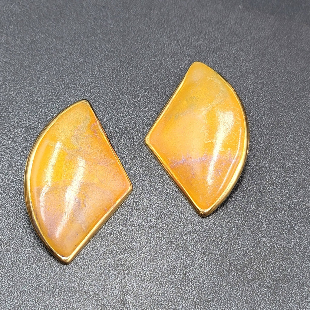 Vintage Pierced Earrings Yellow Enamel Gold tone Large Statement 1980s 2"