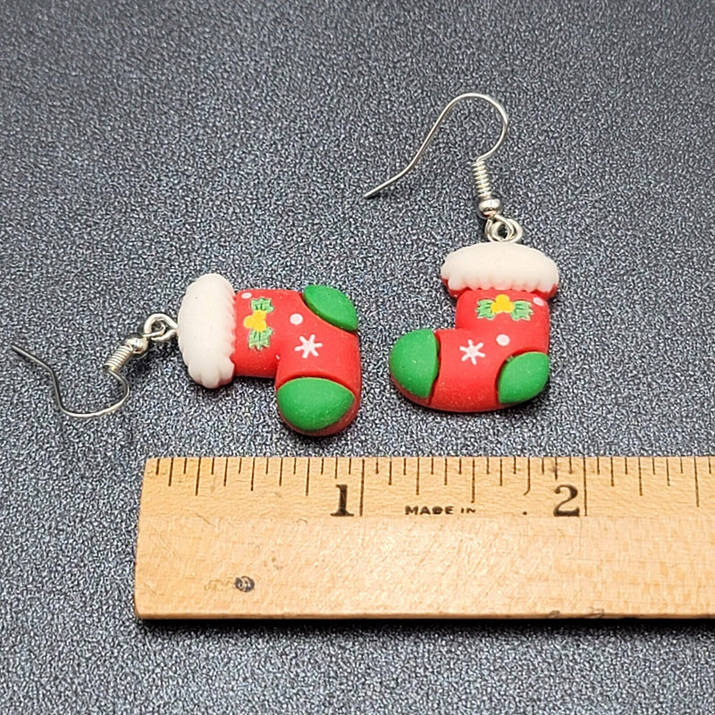 Christmas Stocking Pierced Earrings Puffy 3D Dangle 1 1/8"
