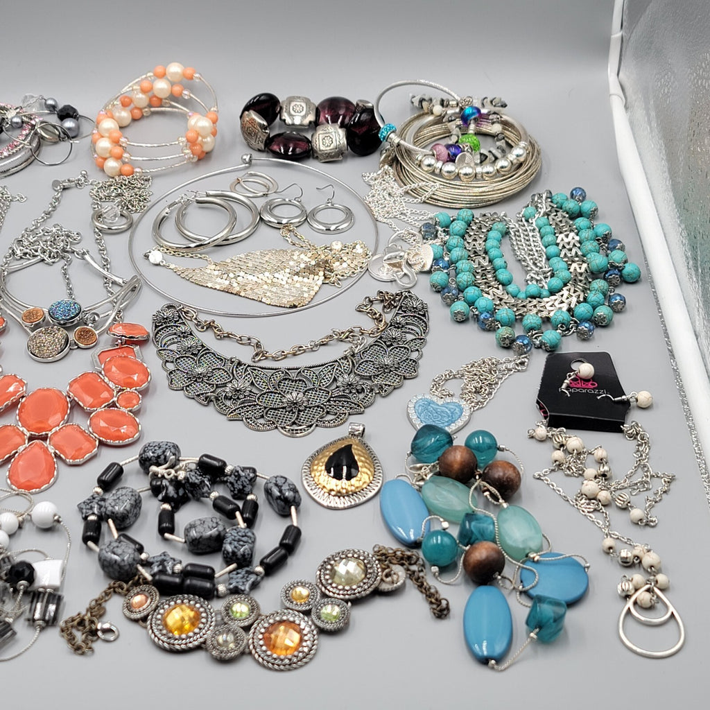 Silver tone Fashion Jewelry Lot of 39 Necklace Bracelets Earrings All Wearable