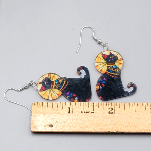 Egyptian Kitty Cat Sun Ray Pierced Earrings Stained Glass Look Acrylic 1.5"