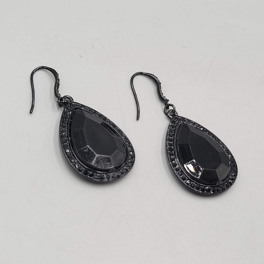 Black Enamel Teardrop Rhinestone Pierced Earrings Dangle 1 3/8 in