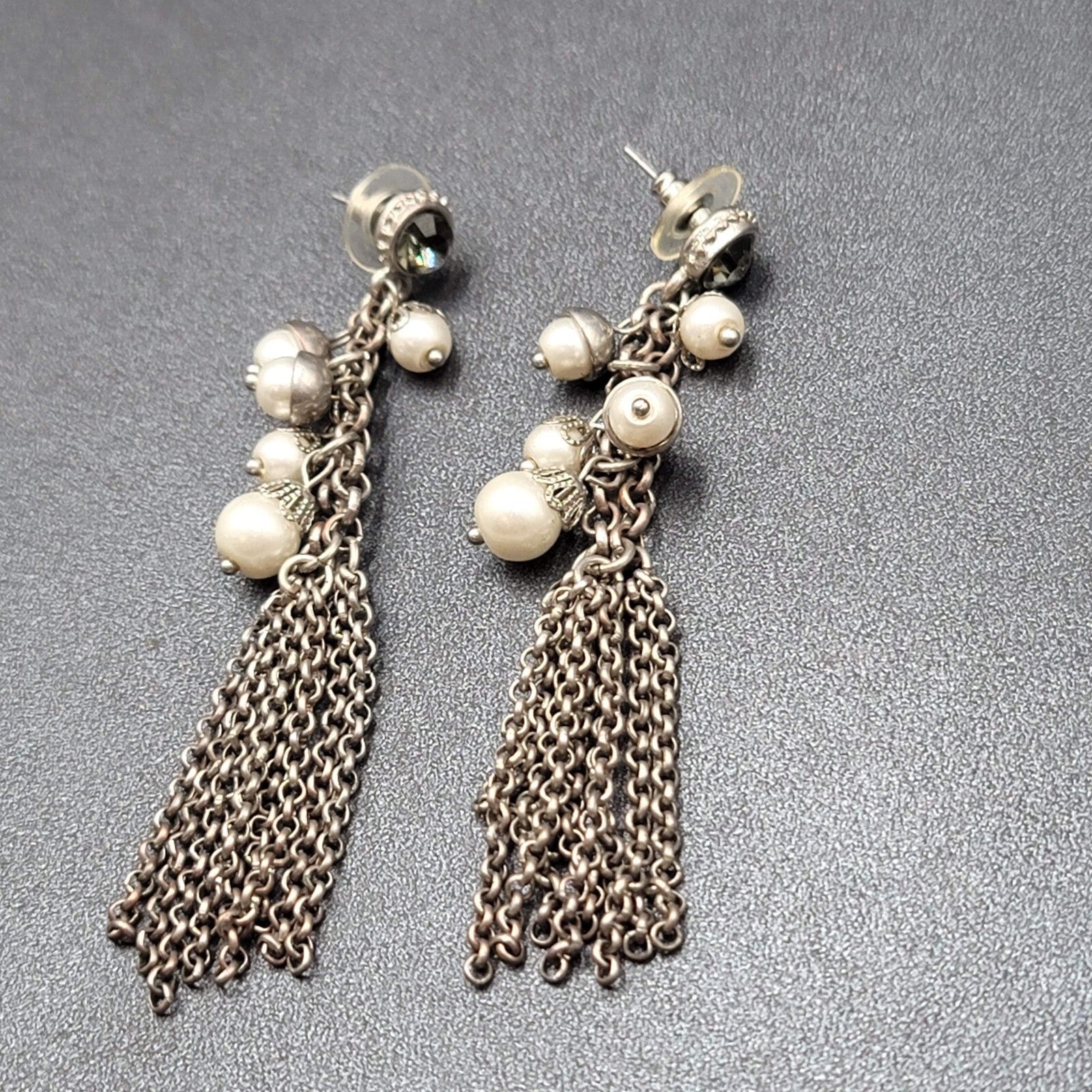 Pierced Earrings Long Multi Chain Faux Pearl Silver tone Dangle 3.25"