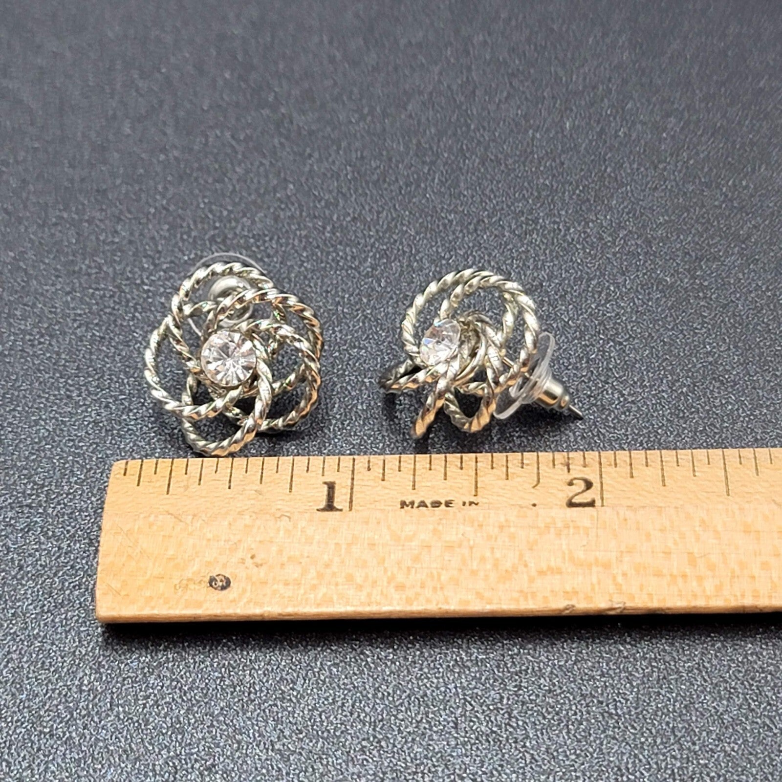 Vintage Pierced Earrings Silver tone Wire Knot Studs Rhinestone Center 3/4"