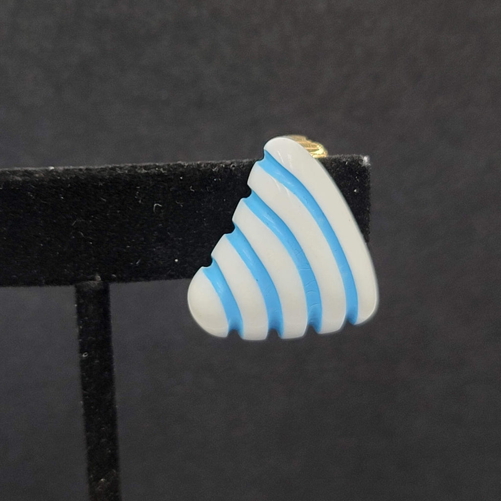 Vintage Clip on Earrings White Blue Stripes Acrylic Triangle 7/8"