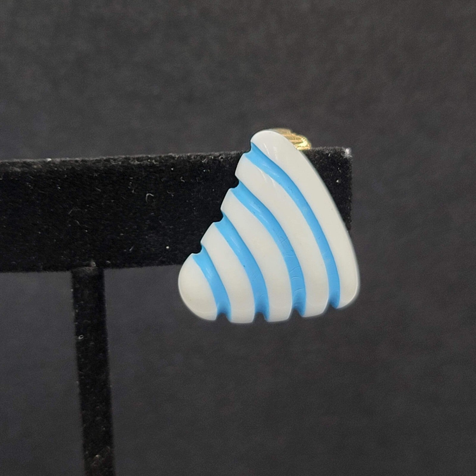 Vintage Clip on Earrings White Blue Stripes Acrylic Triangle 7/8"
