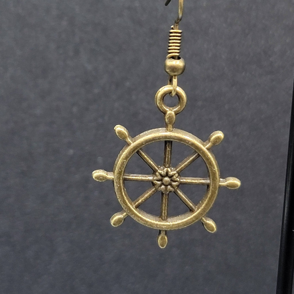 New Helm Pierced Earrings Bronze tone Ships Wheel Nautical Dangle 1"