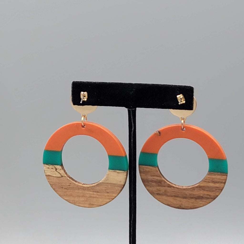 Large Wood Boho Resin Hoops Pierced Earrings Orange Teal 2.75 in